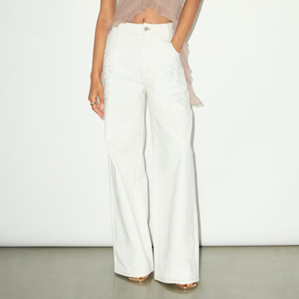 Lulus Ronnie Ivory Twill Embroidered Wide-leg Pants White - Size XS